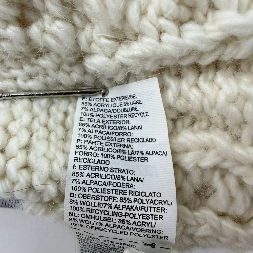 North Face Beanie Ivory CableKnit Hat OS Wool Acrylic Alpaca Unisex Fleece Lined